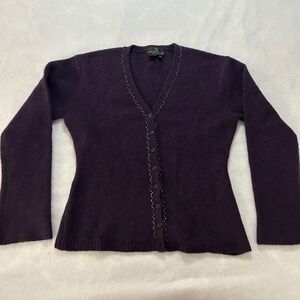 Carole Little Knitwear Purple Wool Blend Beaded V-Neck Cardigan Sweater XL